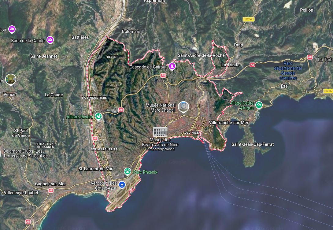Carte géographique de la zone d'intervention Azur Finitions à Nice et Côte d'Azur